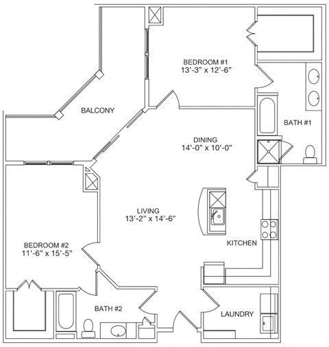 Floor plan for 2 beds, 2 baths, 1407 sqft